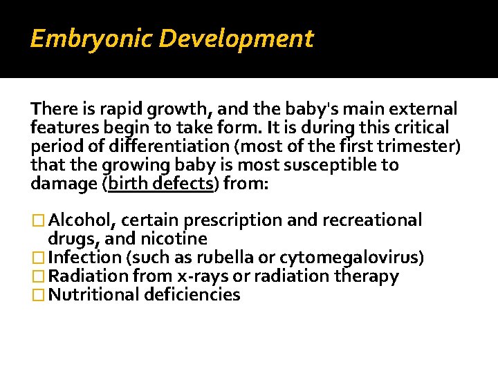 Embryonic Development There is rapid growth, and the baby's main external features begin to