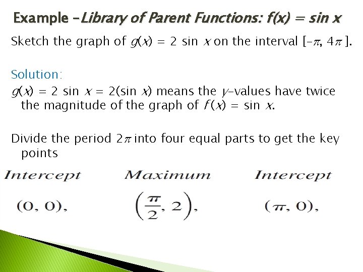 Example –Library of Parent Functions: f (x) = sin x Sketch the graph of