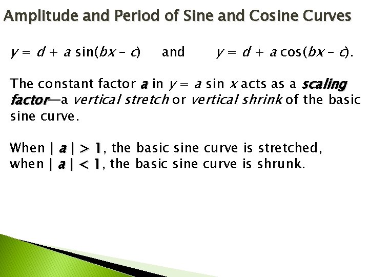 Amplitude and Period of Sine and Cosine Curves y = d + a sin(bx