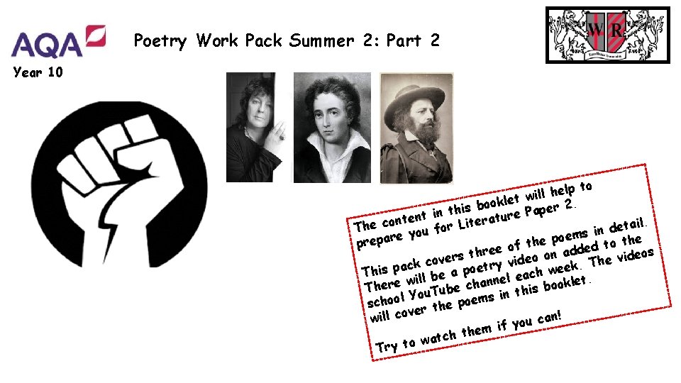 Poetry Work Pack Summer 2: Part 2 Year 10 to p l e h