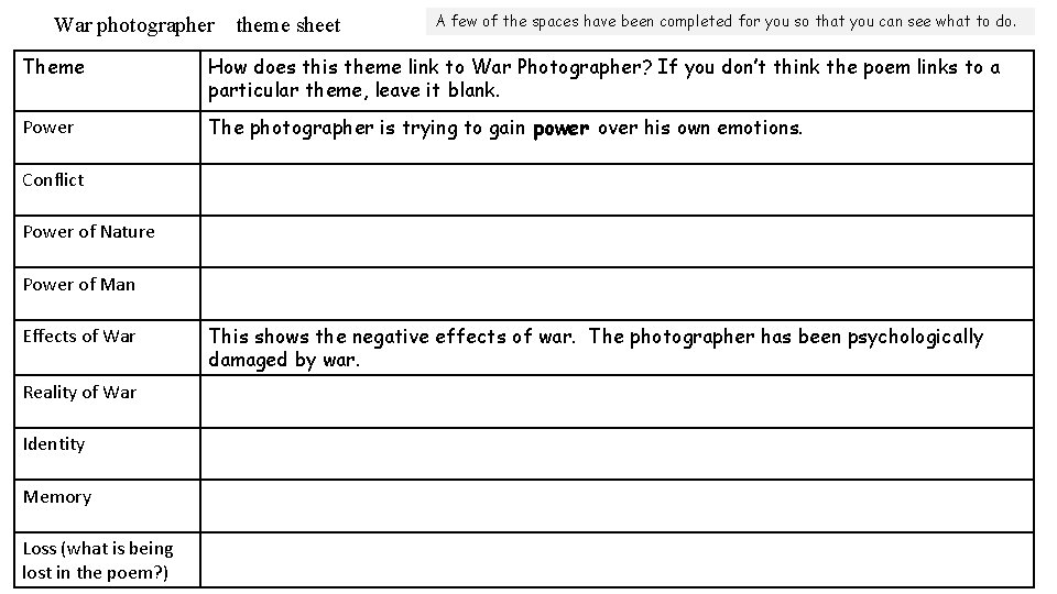 War photographer theme sheet A few of the spaces have been completed for you