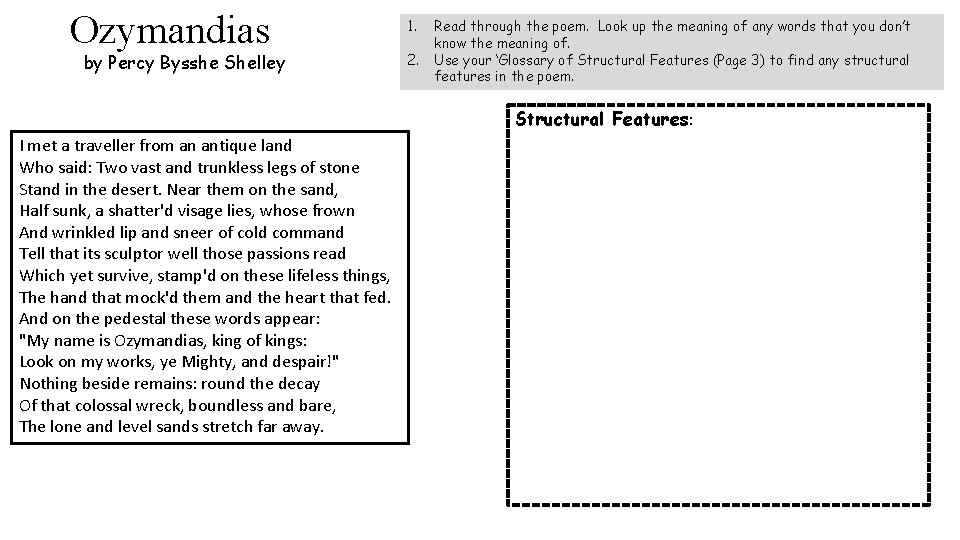 Ozymandias by Percy Bysshe Shelley 1. 2. Read through the poem. Look up the