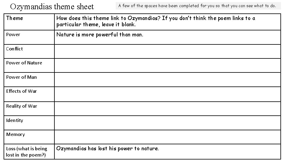 Ozymandias theme sheet A few of the spaces have been completed for you so