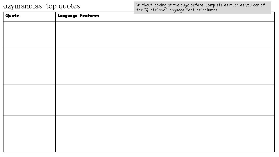 ozymandias: top quotes Quote Language Features Without looking at the page before, complete as