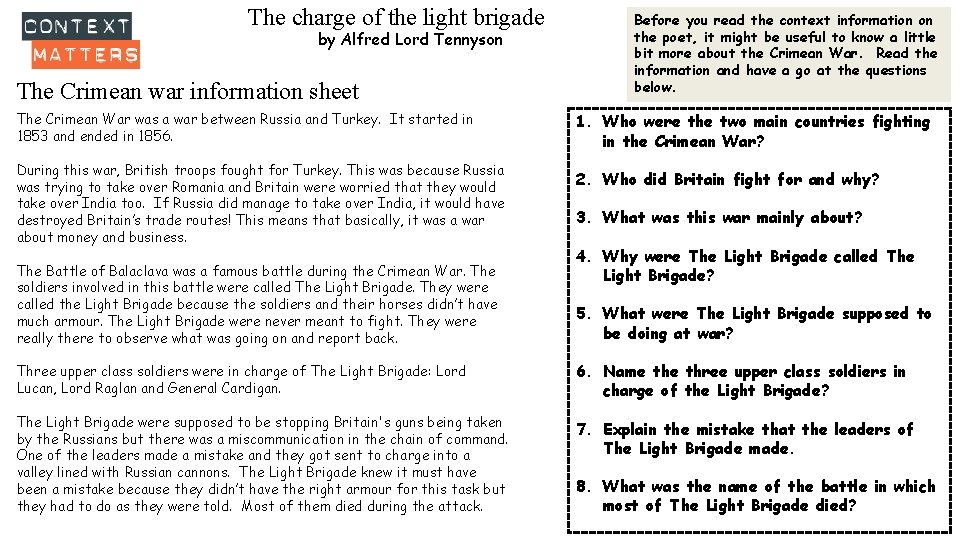 The charge of the light brigade by Alfred Lord Tennyson The Crimean war information