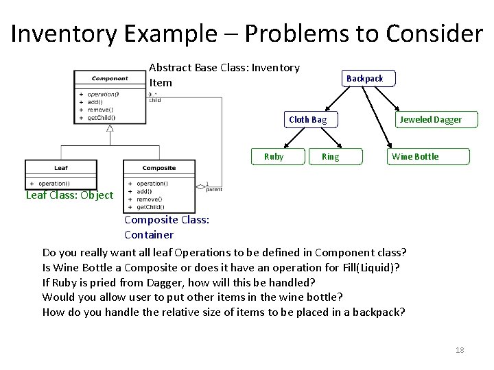 Inventory Example – Problems to Consider Abstract Base Class: Inventory Item Backpack Cloth Bag