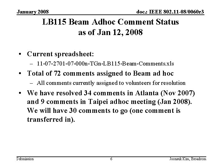 January 2008 doc. : IEEE 802. 11 -08/0060 r 3 LB 115 Beam Adhoc