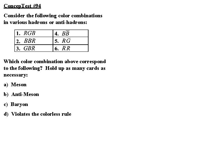 Concep. Test #94 Consider the following color combinations in various hadrons or anti-hadrons: Which