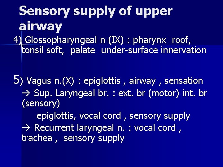 Sensory supply of upper airway 4) Glossopharyngeal n (IX) : pharynx roof, tonsil soft,