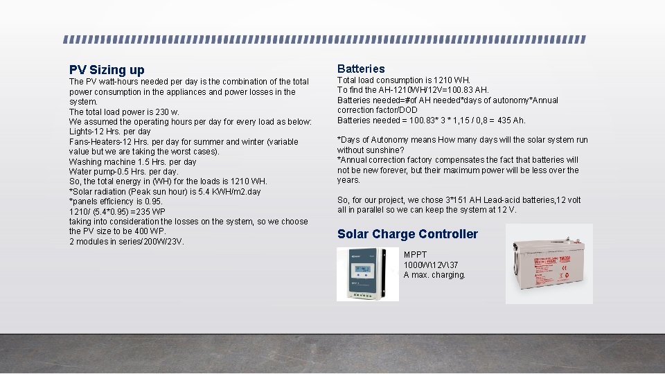 PV Sizing up Batteries The PV watt-hours needed per day is the combination of