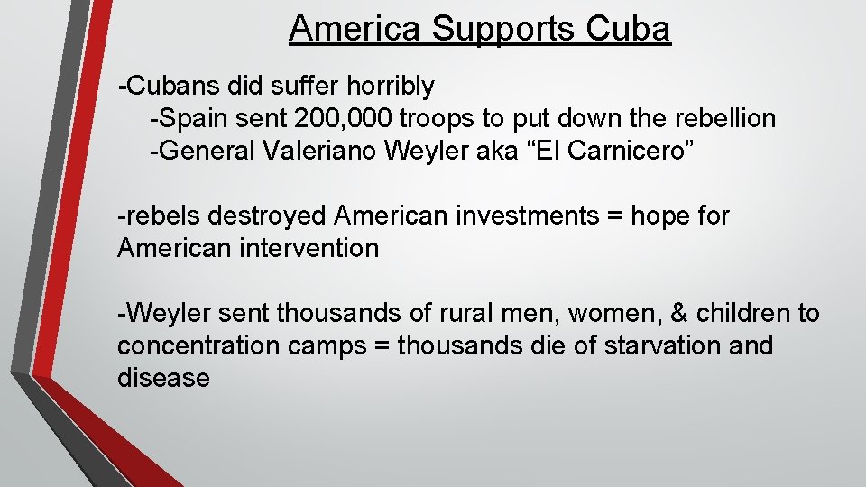 America Supports Cuba -Cubans did suffer horribly -Spain sent 200, 000 troops to put