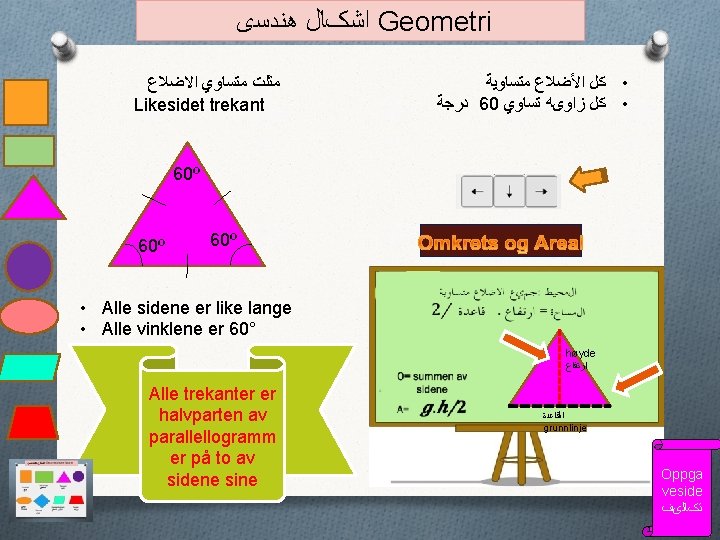  ﺍﺷکﺎﻝ ﻫﻨﺪﺳی Geometri ﻣﺜﻠﺖ ﻣﺘﺴﺎﻭﻱ ﺍﻻﺿﻼﻉ Likesidet trekant • ﻛﻞ ﺍﻷﻀﻼﻉ ﻣﺘﺴﺎﻭﻳﺔ ﺩﺭﺟﺔ