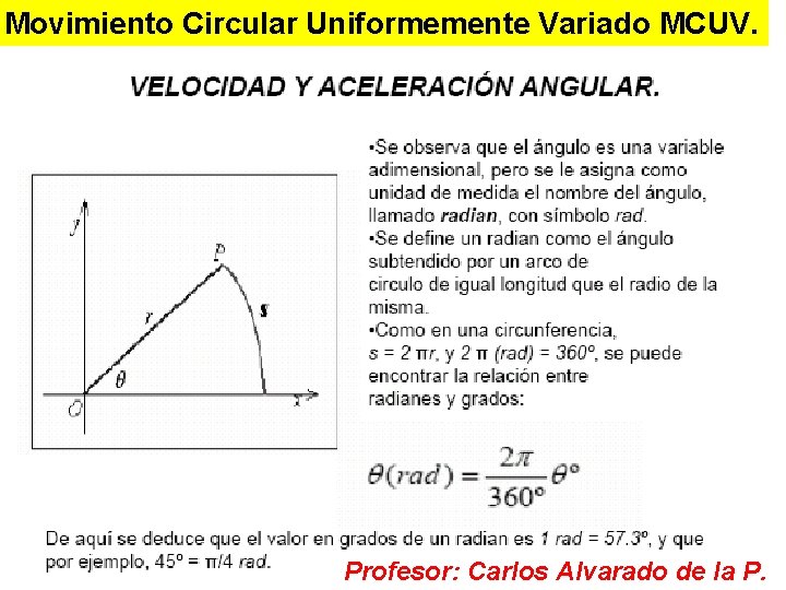 Movimiento Circular Uniformemente Variado MCUV. Profesor: Carlos Alvarado de la P. 