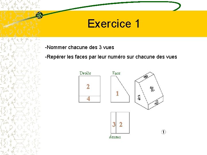 Exercice 1 -Nommer chacune des 3 vues -Repérer les faces par leur numéro sur