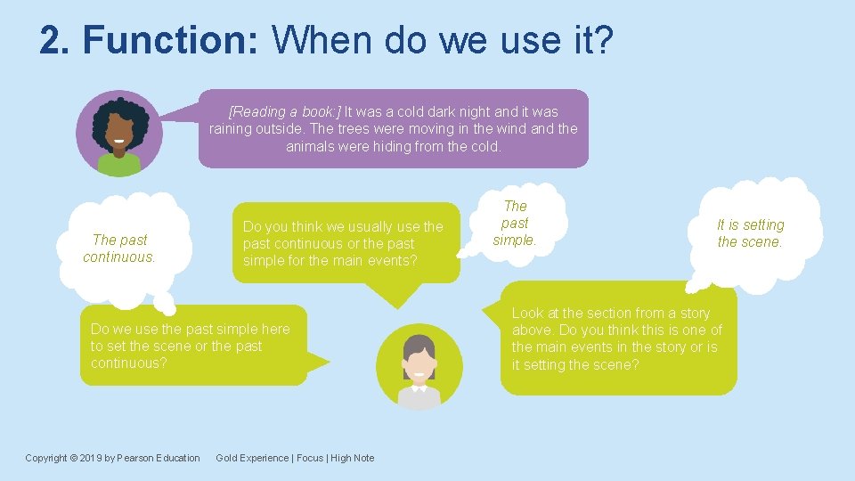 2. Function: When do we use it? [Reading a book: ] It was a