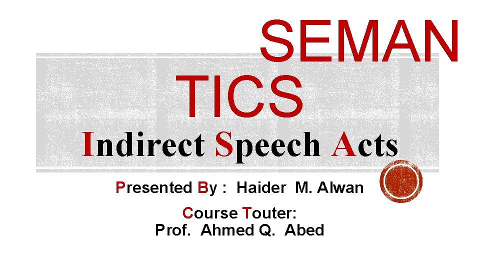 SEMAN TICS Indirect Speech Acts Presented By : Haider M. Alwan Course Touter: Prof.