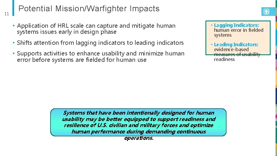11 Potential Mission/Warfighter Impacts • Application of HRL scale can capture and mitigate human
