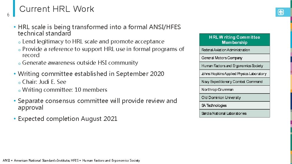 6 Current HRL Work • HRL scale is being transformed into a formal ANSI/HFES