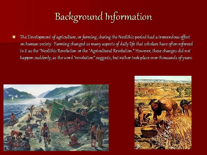 Background Information n The Development of agriculture, or farming, during the Neolithic period had