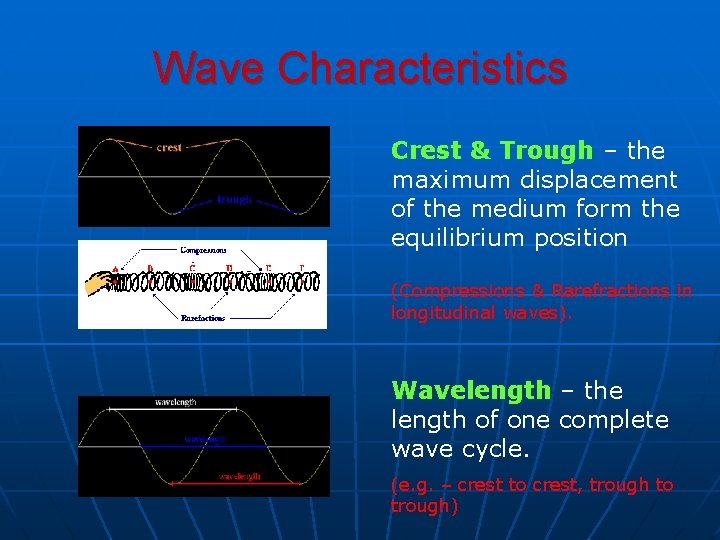 Wave Characteristics Crest & Trough – the maximum displacement of the medium form the