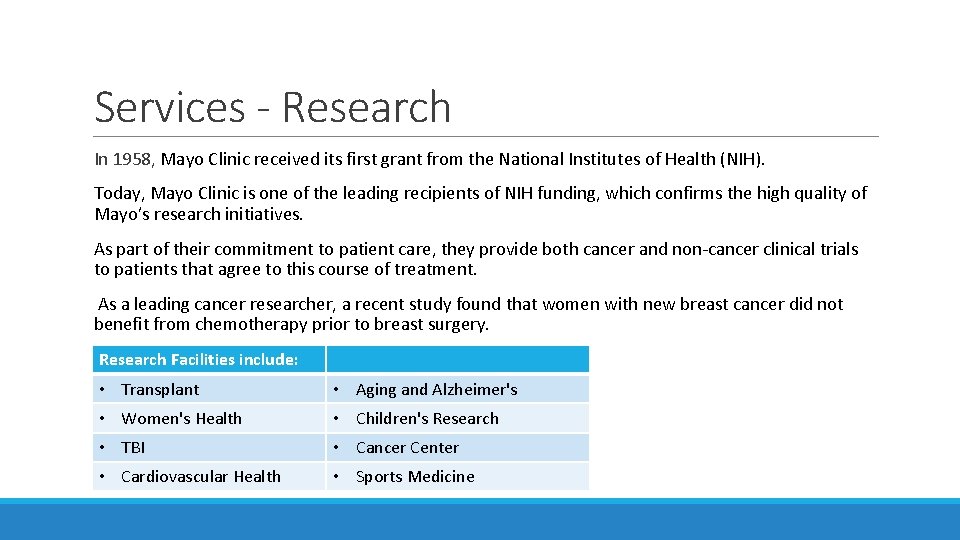 Services - Research In 1958, Mayo Clinic received its first grant from the National