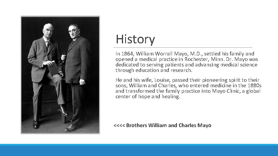 History In 1864, William Worrall Mayo, M. D. , settled his family and opened