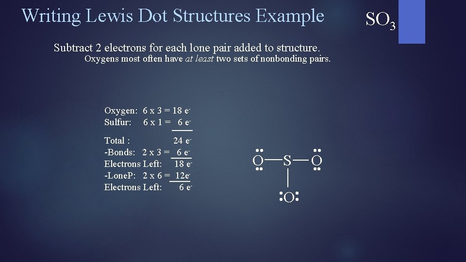 Writing Lewis Dot Structures Example Subtract 2 electrons for each lone pair added to