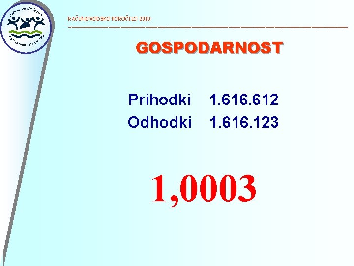 RAČUNOVODSKO POROČILO 2010 ______________________________________________ GOSPODARNOST Prihodki Odhodki 1. 616. 612 1. 616. 123 1,