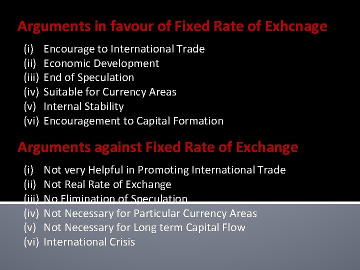 Arguments in favour of Fixed Rate of Exhcnage (i) (iii) (iv) (vi) Encourage to