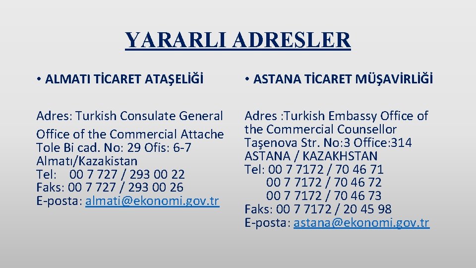 YARARLI ADRESLER • ALMATI TİCARET ATAŞELİĞİ • ASTANA TİCARET MÜŞAVİRLİĞİ Adres: Turkish Consulate General