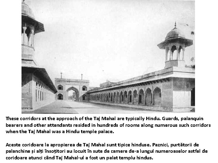 These corridors at the approach of the Taj Mahal are typically Hindu. Guards, palanquin