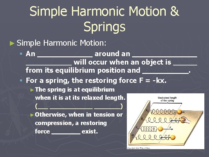 Simple Harmonic Motion & Springs ► Simple Harmonic Motion: § An around an will