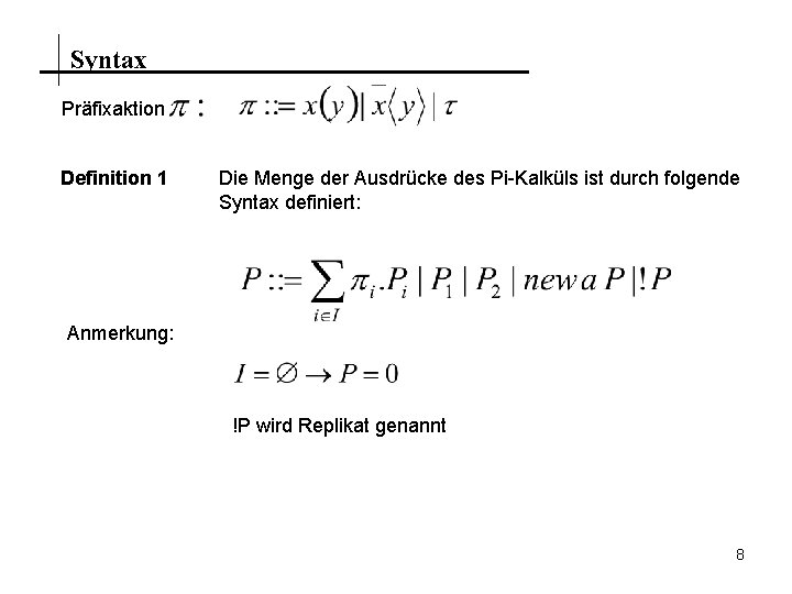 Syntax Präfixaktion Definition 1 Die Menge der Ausdrücke des Pi-Kalküls ist durch folgende Syntax