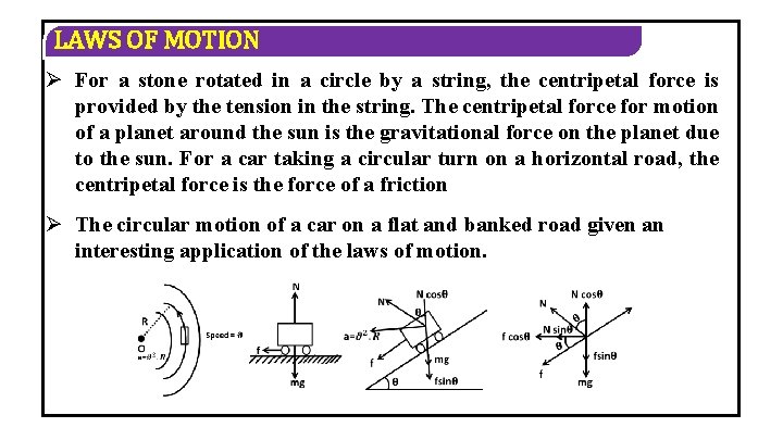 LAWS OF MOTION Ø For a stone rotated in a circle by a string,