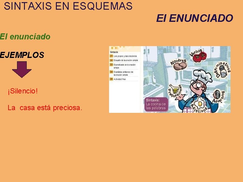 SINTAXIS EN ESQUEMAS El ENUNCIADO El enunciado EJEMPLOS ¡Silencio! La casa está preciosa. 