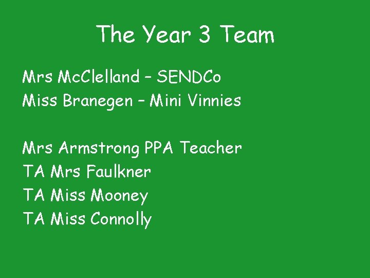 The Year 3 Team Mrs Mc. Clelland – SENDCo Miss Branegen – Mini Vinnies