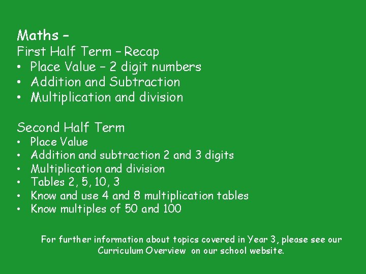 Maths – First Half Term – Recap • Place Value – 2 digit numbers