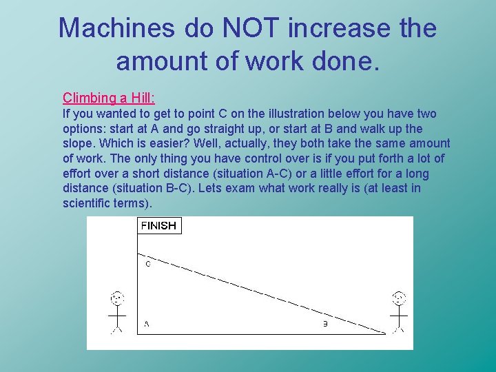 Machines do NOT increase the amount of work done. Climbing a Hill: If you
