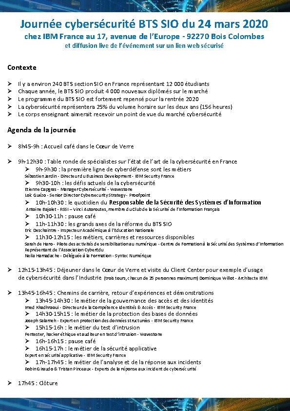 Journée cybersécurité BTS SIO du 24 mars 2020 chez IBM France au 17, avenue