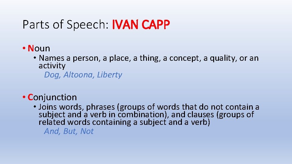 Parts of Speech: IVAN CAPP • Noun • Names a person, a place, a