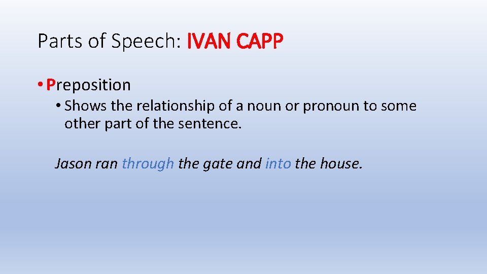 Parts of Speech: IVAN CAPP • Preposition • Shows the relationship of a noun