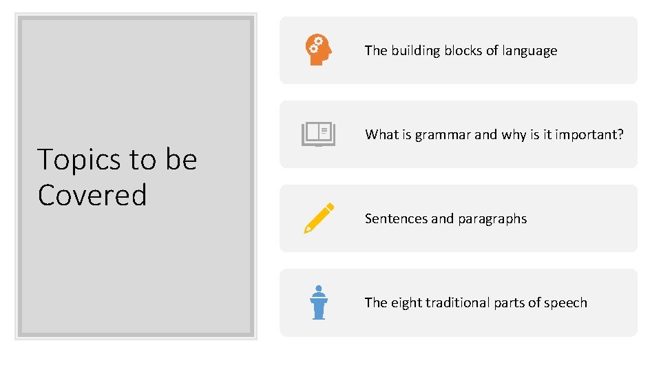 The building blocks of language Topics to be Covered What is grammar and why