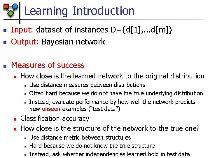 Learning Introduction n Input: dataset of instances D={d[1], . . . d[m]} Output: Bayesian