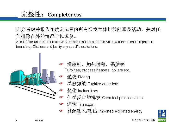 完整性：Completeness 充分考虑并报告在确定范围内所有温室气体排放的源及活动，并对任 何排除在外的情况予以说明。 Account for and report on all GHG emission sources and activities