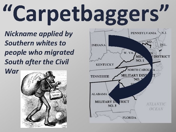 “Carpetbaggers” Nickname applied by Southern whites to people who migrated South after the Civil