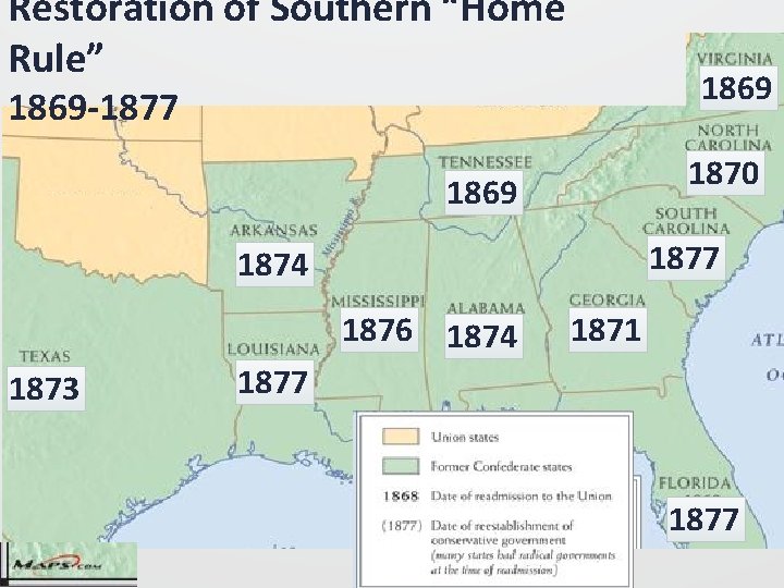 Restoration of Southern “Home Rule” 1869 -1877 1870 1869 1877 1874 1876 1874 1873