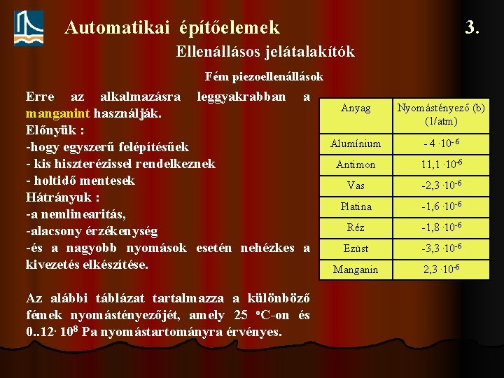 Automatikai építőelemek 3. Ellenállásos jelátalakítók Fém piezoellenállások Erre az alkalmazásra leggyakrabban a manganint használják.