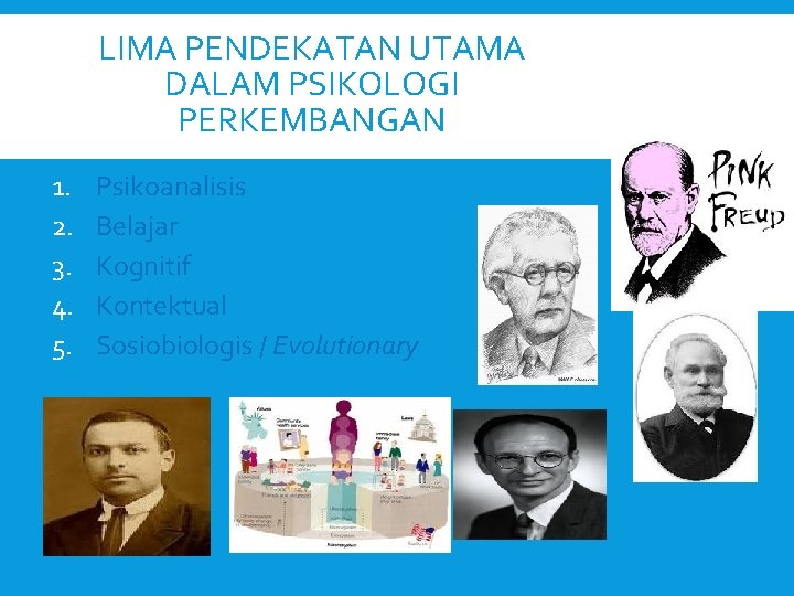 LIMA PENDEKATAN UTAMA DALAM PSIKOLOGI PERKEMBANGAN 1. 2. 3. 4. 5. Psikoanalisis Belajar Kognitif