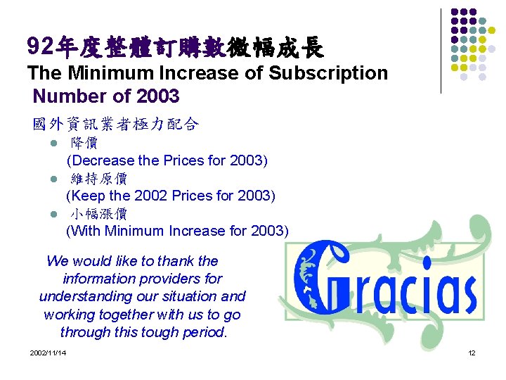 92年度整體訂購數微幅成長 The Minimum Increase of Subscription Number of 2003 國外資訊業者極力配合 l l l 降價