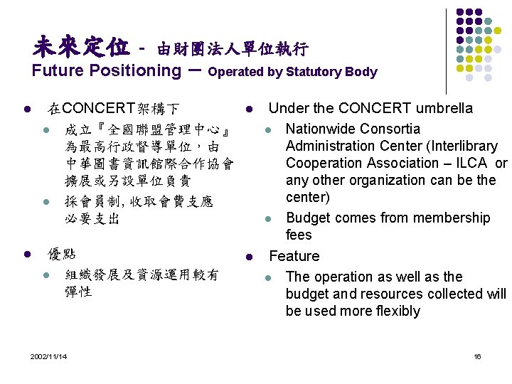 未來定位 - 由財團法人單位執行 Future Positioning – Operated by Statutory Body l 在CONCERT架構下 l 成立『全國聯盟管理中心』